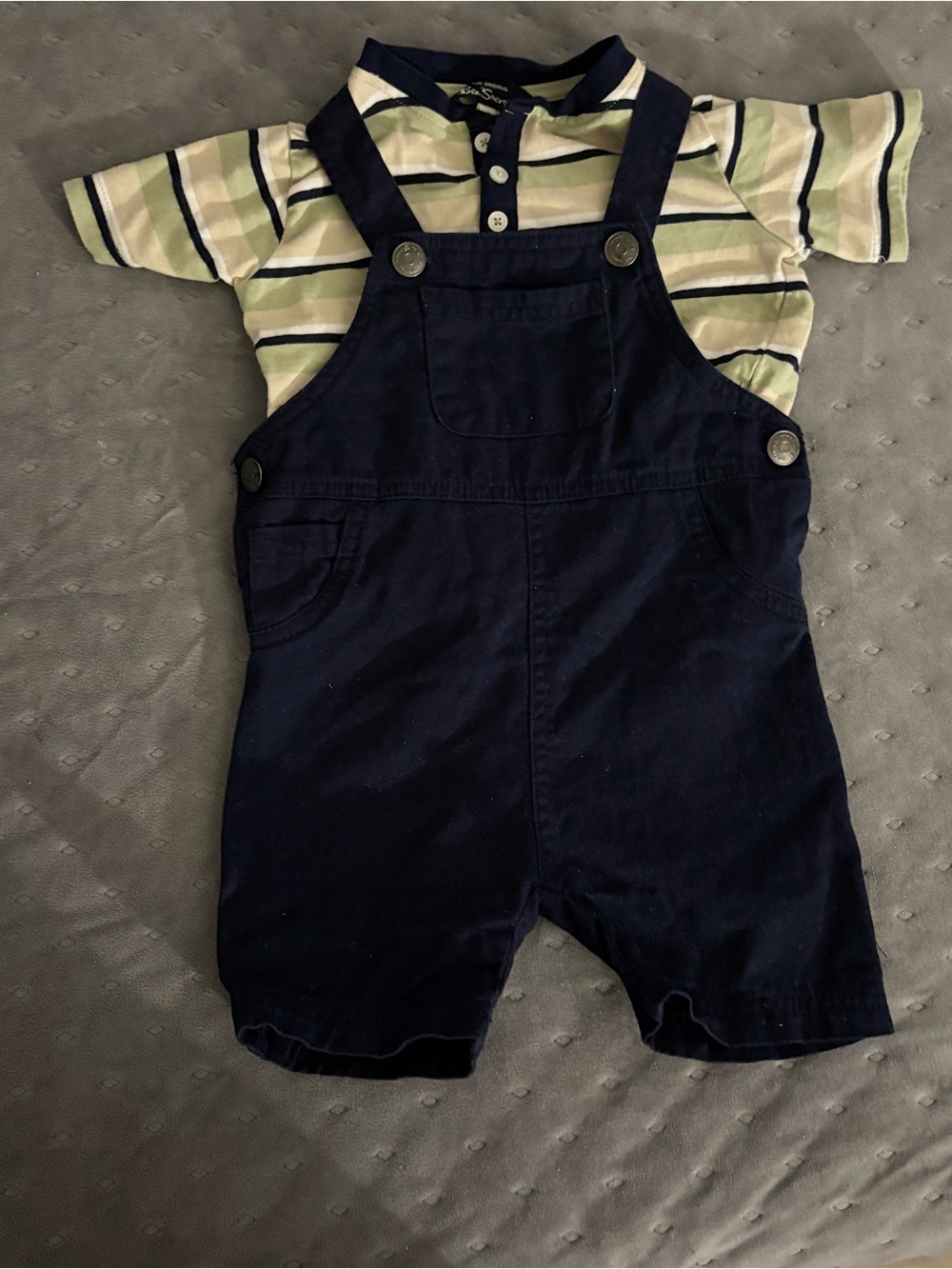 Preloved Ben Sherman Navy and Green Striped Shirt with Navy Overalls